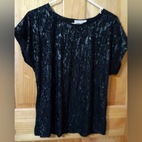 Jessica Michelle Tops - Womens shiny & crinkly black blouse short sleeve
